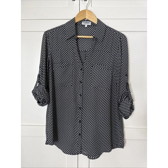 Express Portofino Shirt Women Small Black White Dot Original Fit Flowy Career L - Picture 1 of 16